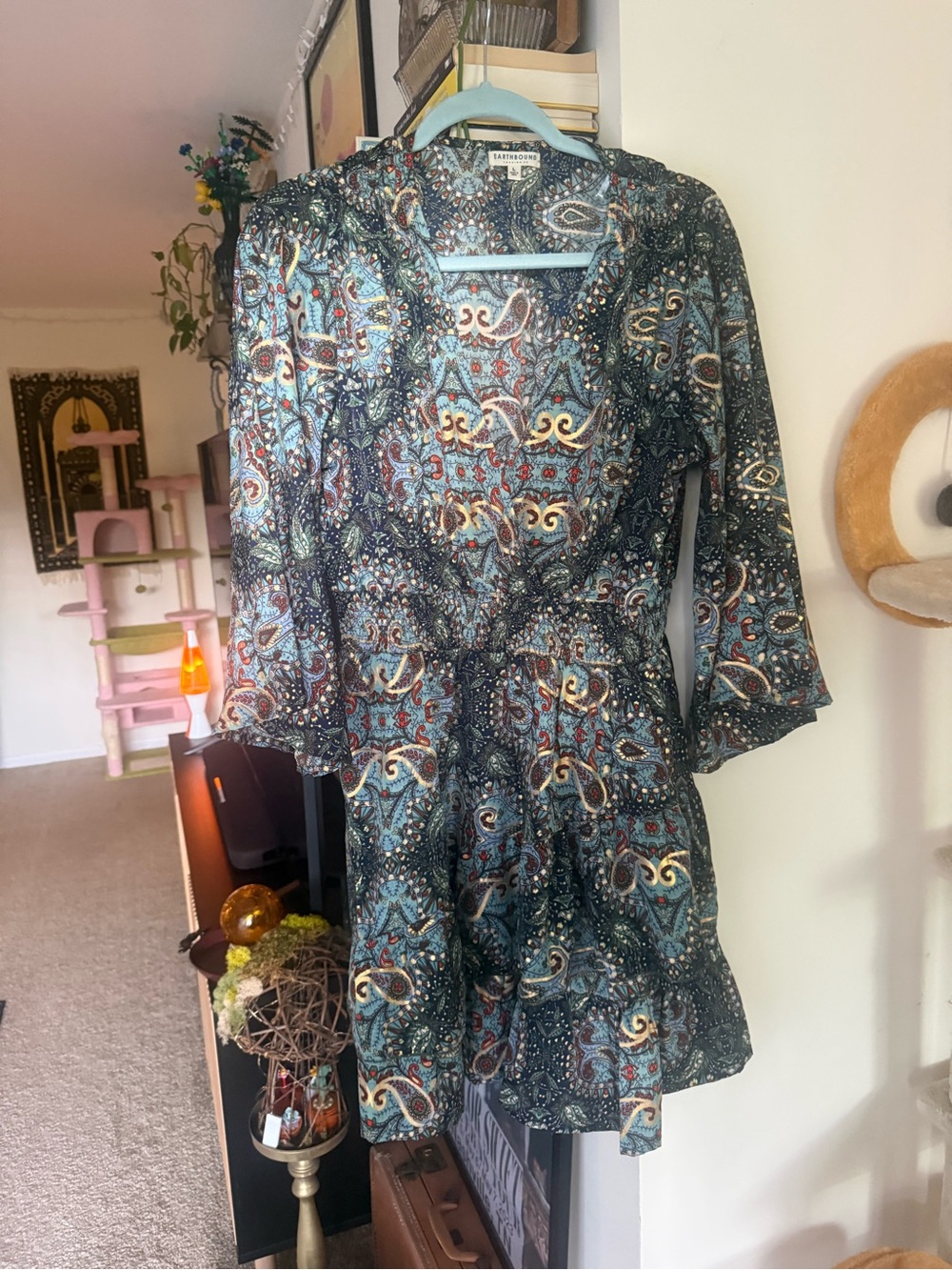 EARTHBOUND Paisley Tiered Long-Sleeve Mini Dress - Teal/Red/Cream